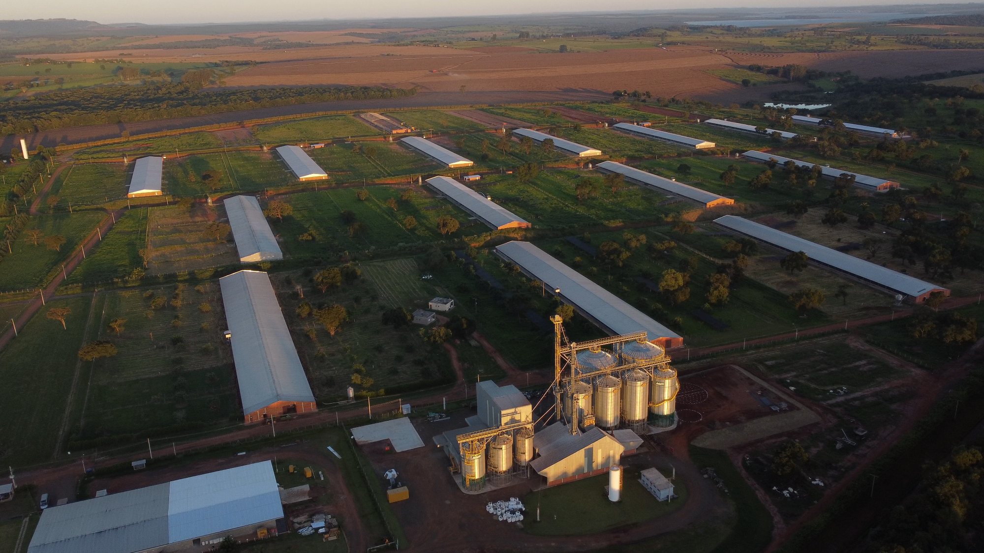 Vista aérea da fazenda com os silos da fábrica de ração