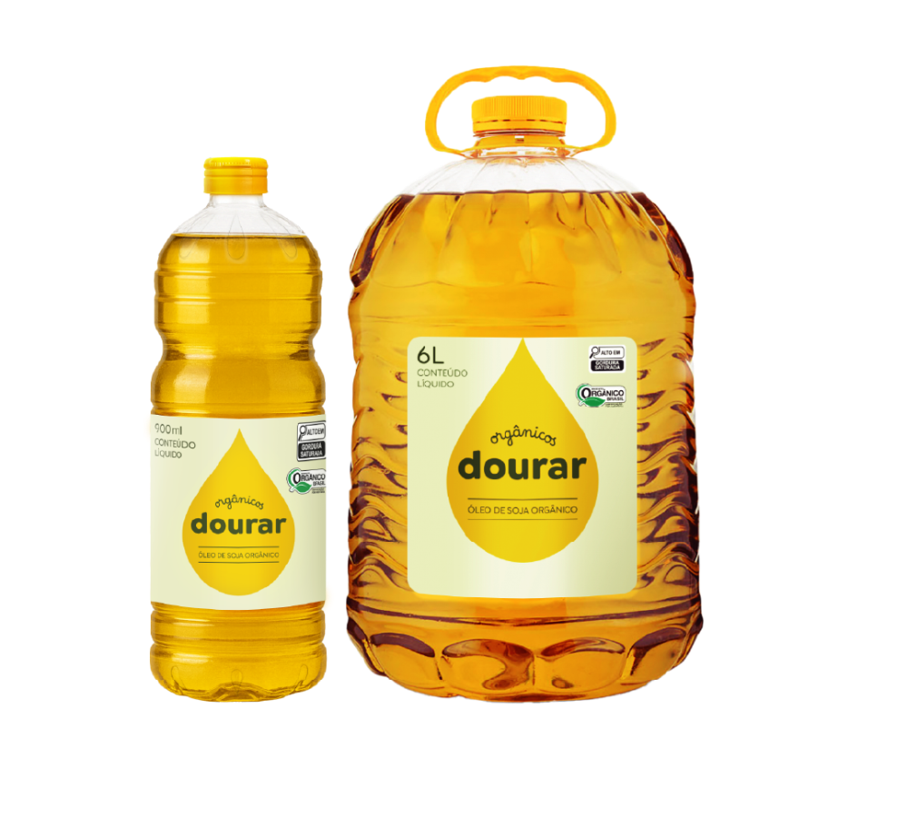 Óleo de soja orgânico Dourar, garrafa de 900 ml e galão de 6 L
